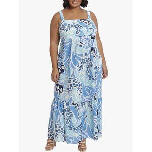 New London Times Women's Size 14W Smocked Back Babydoll Tiered Maxi Dress Blue